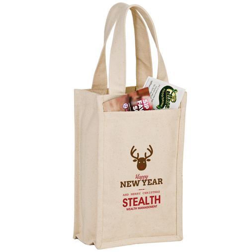 Custom Printed Heavyweight Cotton Canvas 2 Bottle Wine Tote (7"x3"x11") - Screen Print - CVINE2-SP